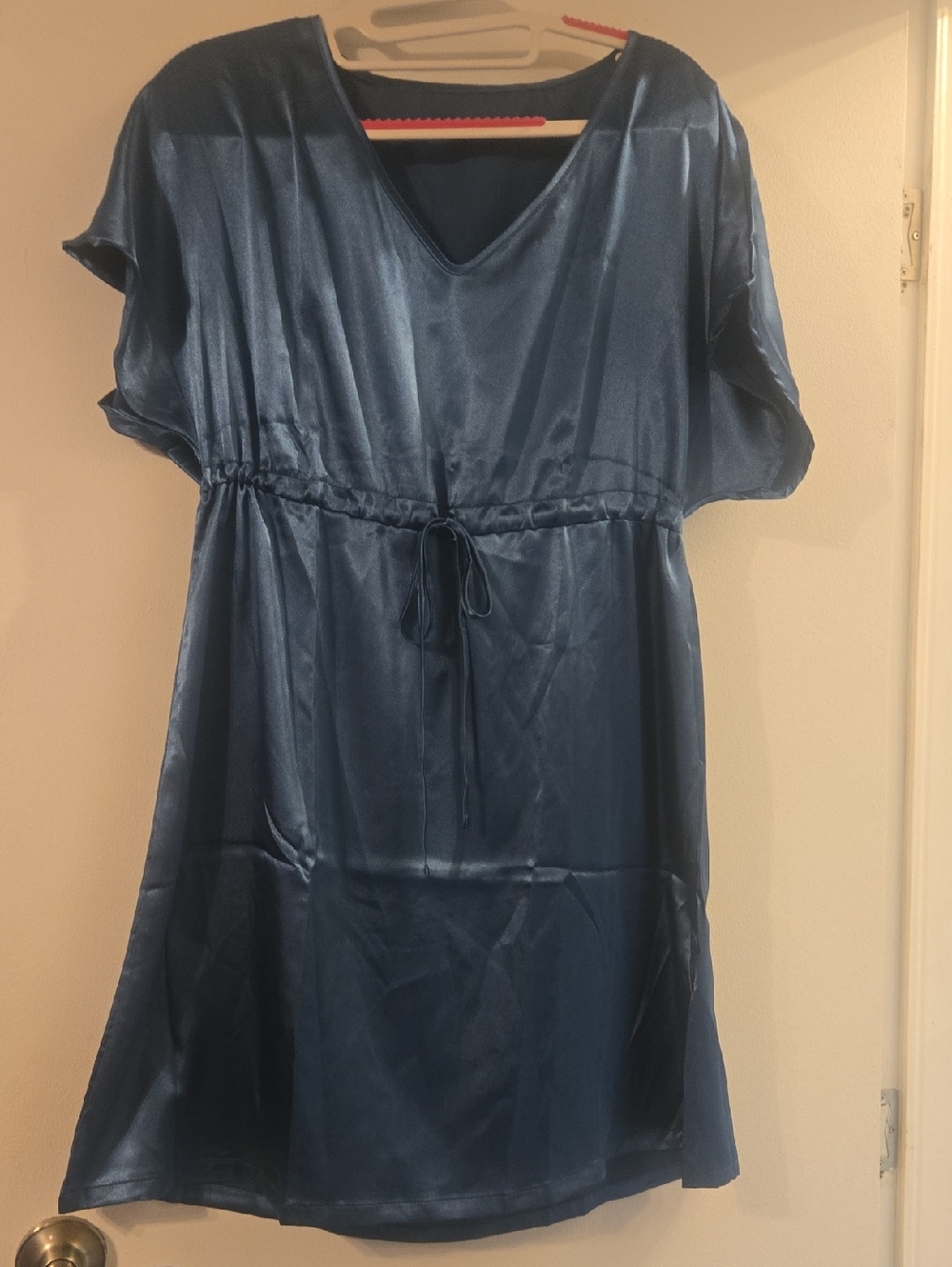 Blue Satin V-Neck Drawstring Waist Dress